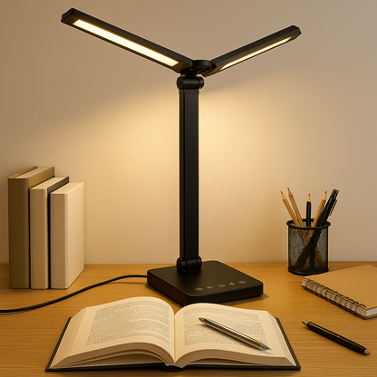 LED Desk Lamp – foldable double arm, touch dimming, USB powered