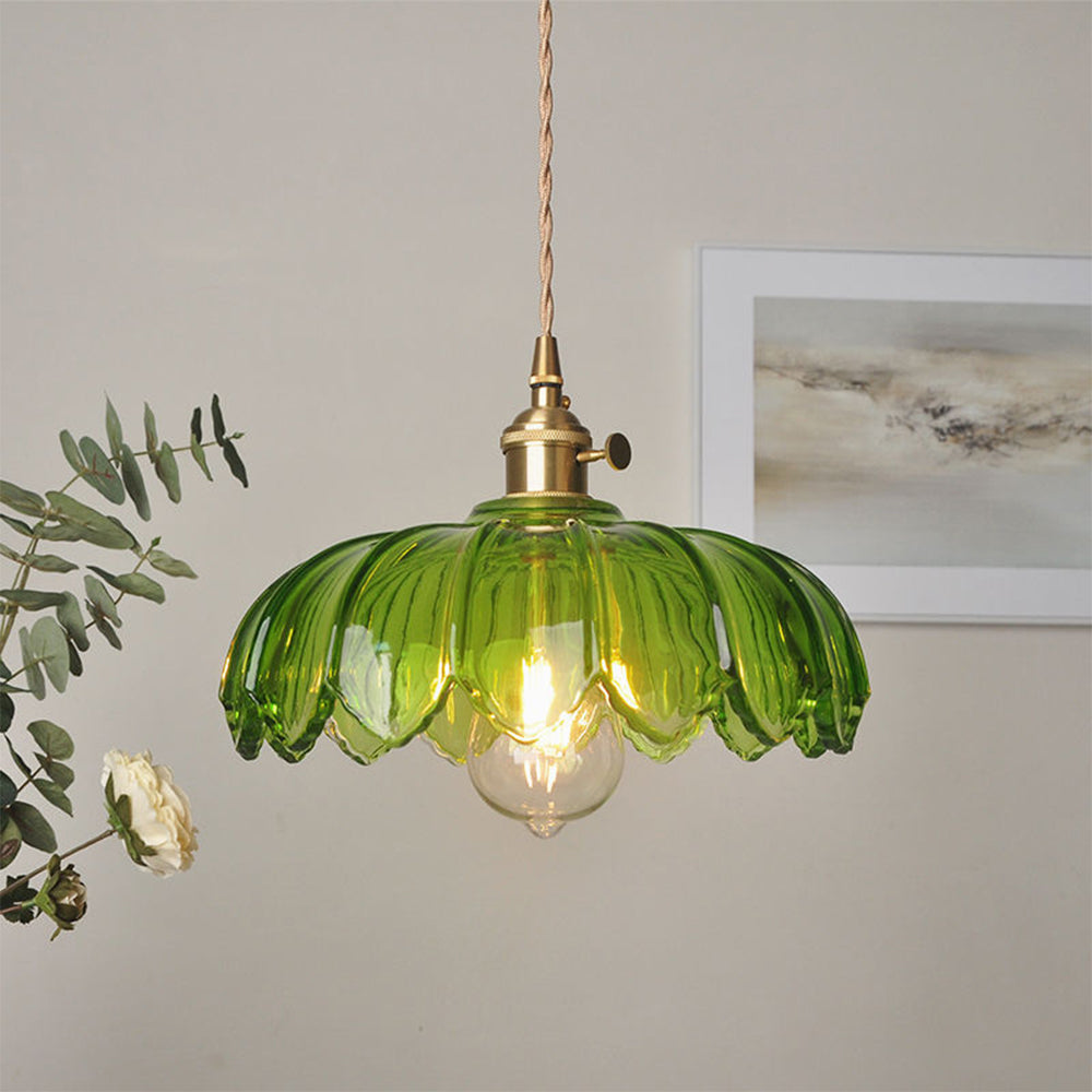 Flower Glass Pendant Light – scalloped shade, brass-tone fitting, four colours