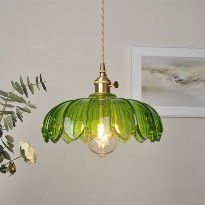 Flower Glass Pendant Light – scalloped shade, brass-tone fitting, four colours