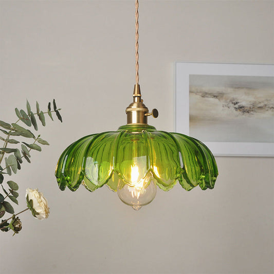Flower Glass Pendant Light – scalloped shade, brass-tone fitting, four colours