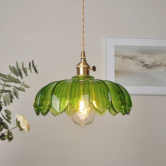 Flower Glass Pendant Light – scalloped shade, brass-tone fitting, four colours