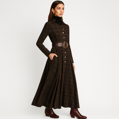 Plaid Shirt Dress – long sleeves, button front, flowing maxi skirt
