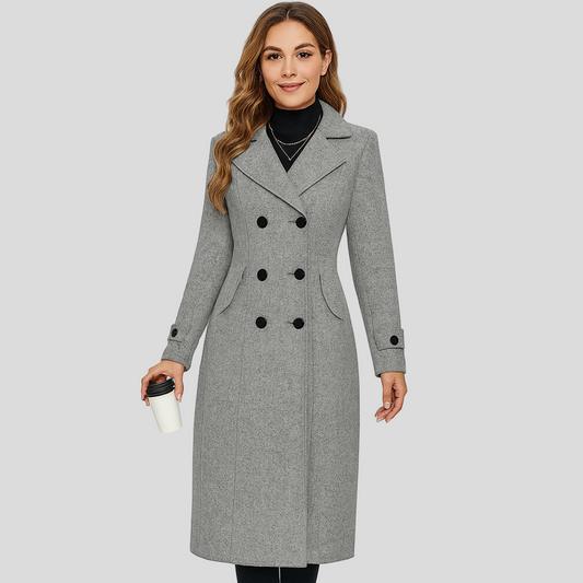 Herringbone Maxi Coat – double-breasted, tailored fit, button cuffs
