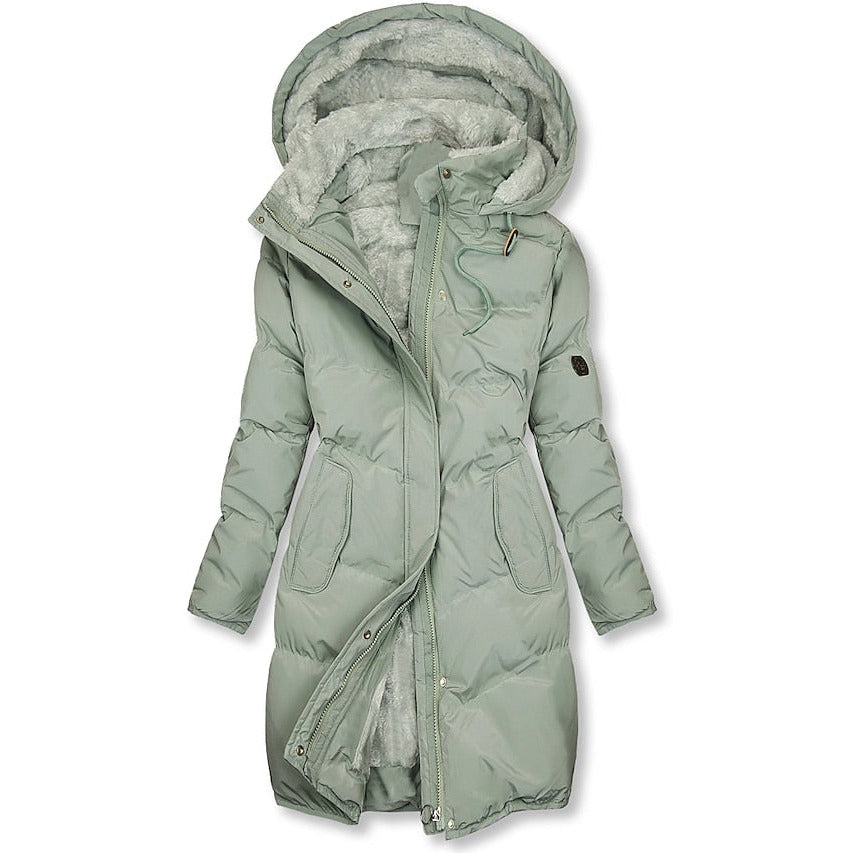 Longline Puffer Jacket – plush-lined hood, drawstring waist, flap pockets