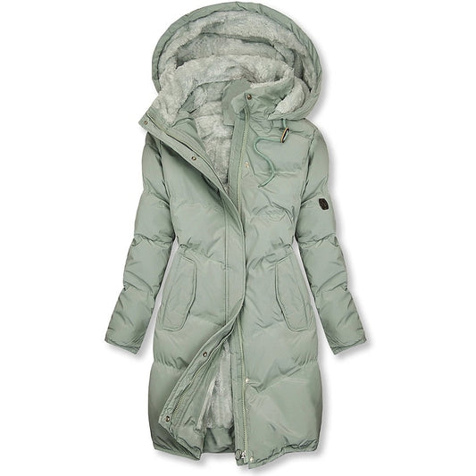 Longline Puffer Jacket – plush-lined hood, drawstring waist, flap pockets