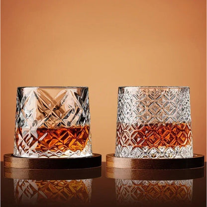 Rotating Whisky Glass – spinning rounded base, cut-glass pattern, four styles