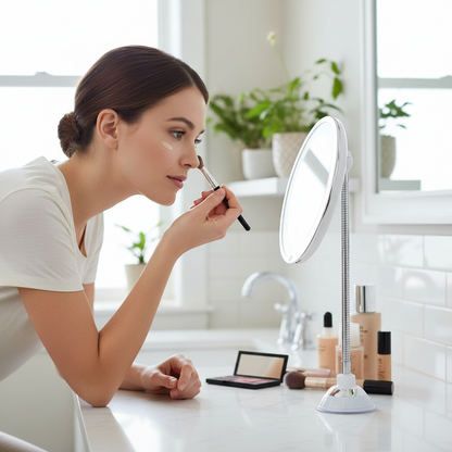 LED Magnifying Mirror – 10× magnification, flexible arm, suction mount