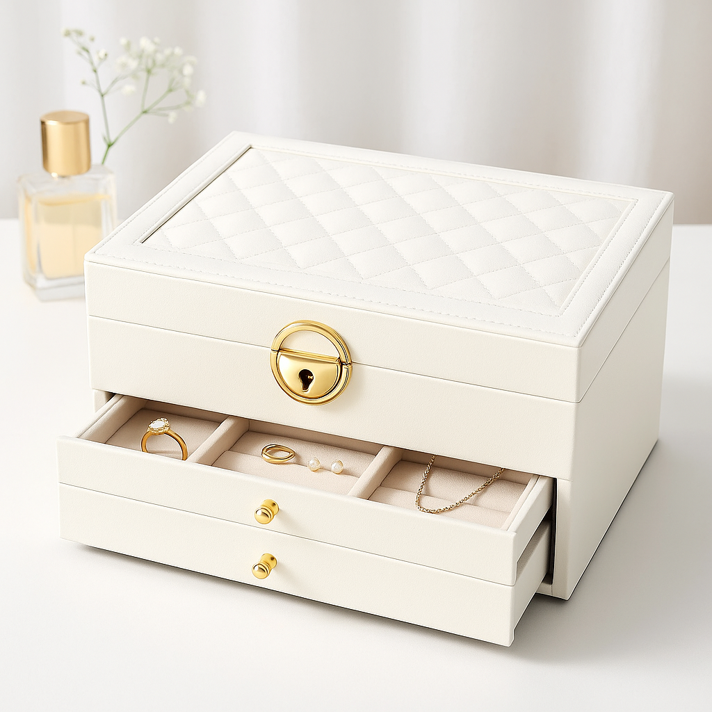 Jewellery Box – three tiers, pull-out drawers, lined compartments