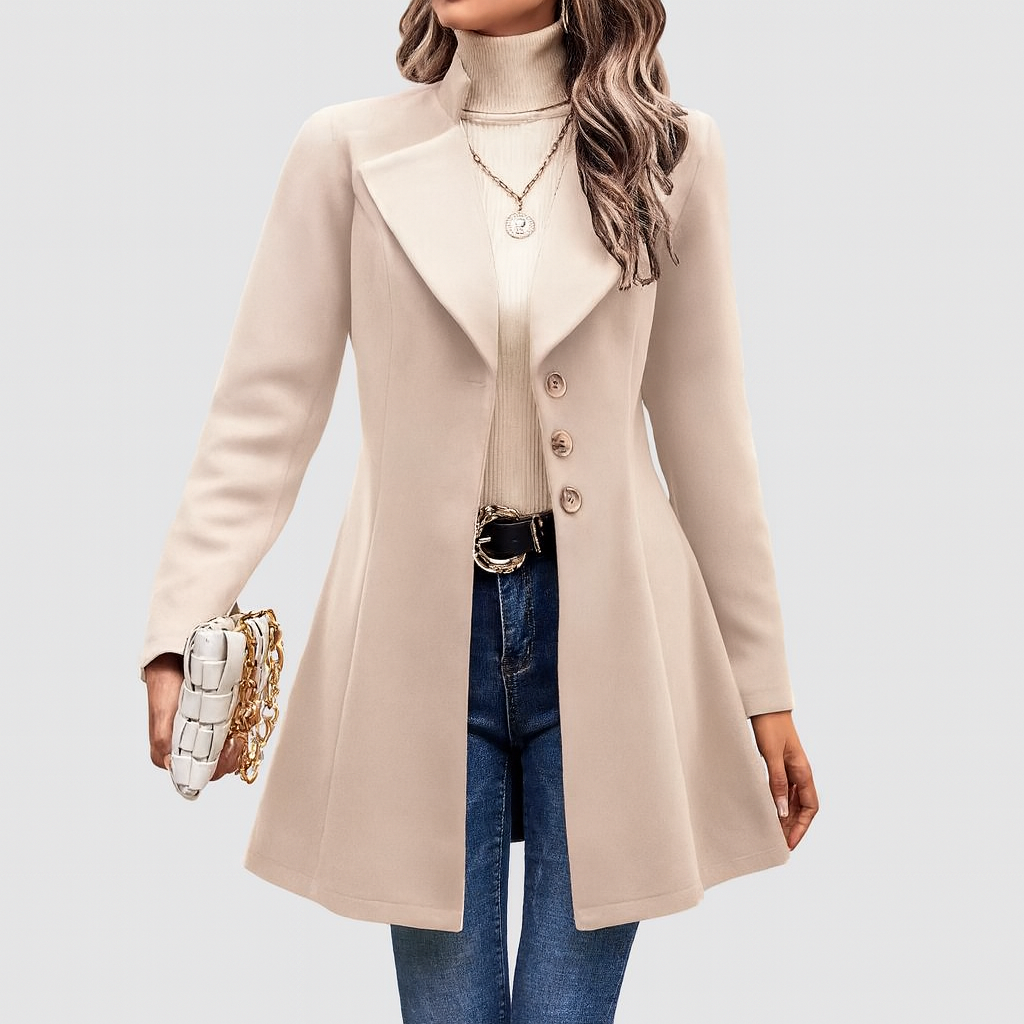 Womens Long Coat – single-breasted buttons, fitted waist, flared hem