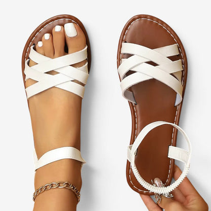 Womens Flat Sandals – cross straps, elastic ankle strap, open toe