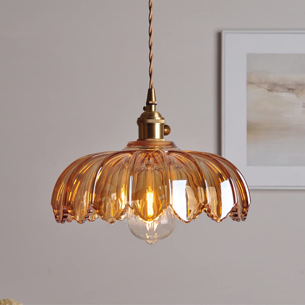 Flower Glass Pendant Light – scalloped shade, brass-tone fitting, four colours