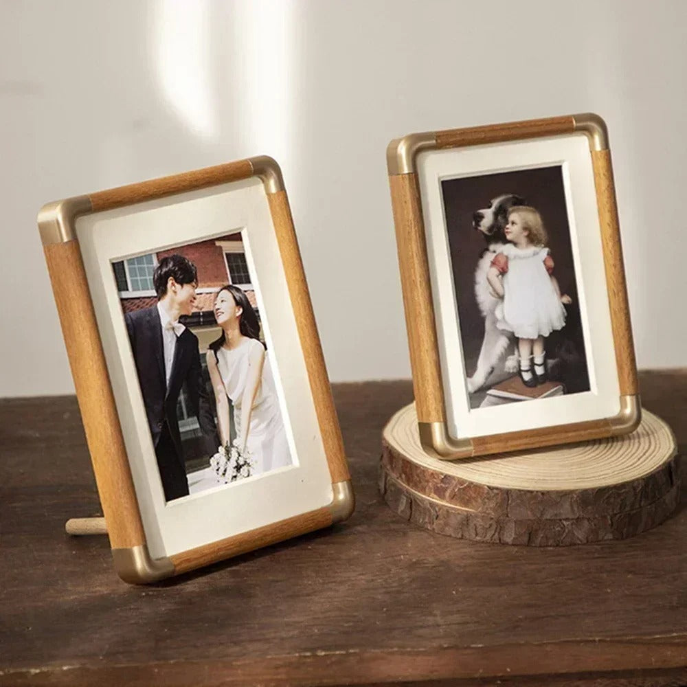 Wooden Photo Frame – brass-tone corners, tabletop stand, six sizes