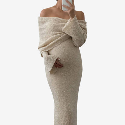 Maternity Dress – off-shoulder neckline, long flared sleeves, full length