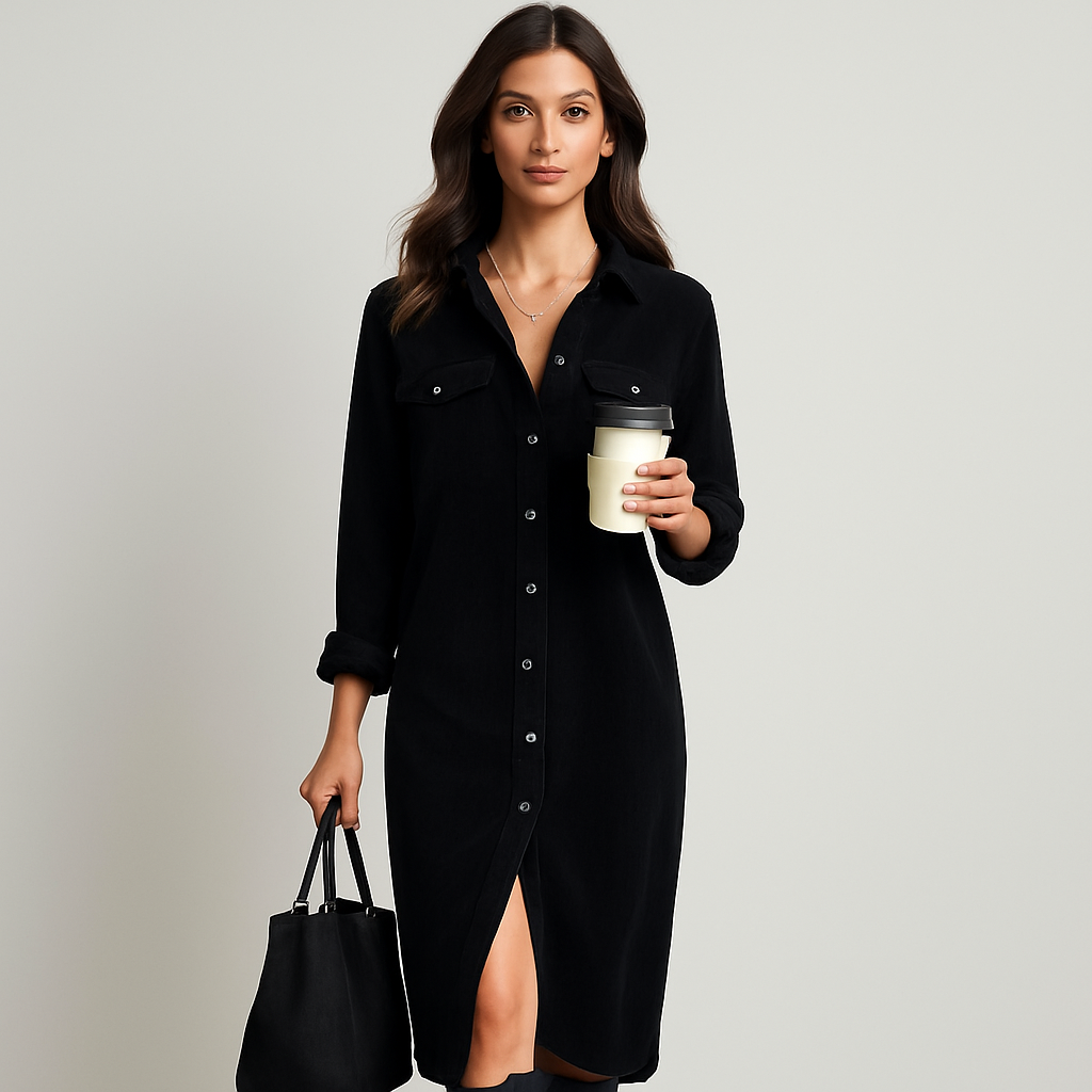 Corduroy Shirt Dress – two chest pockets, button front, midi length