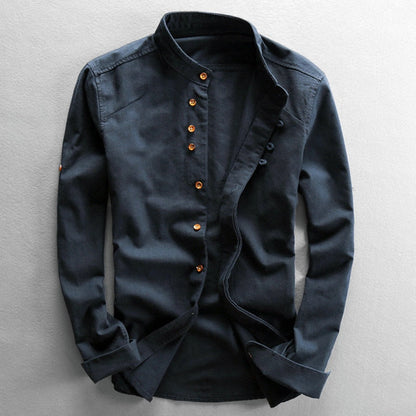 Band Collar Shirt – Japanese-inspired cut, long sleeves, relaxed fit