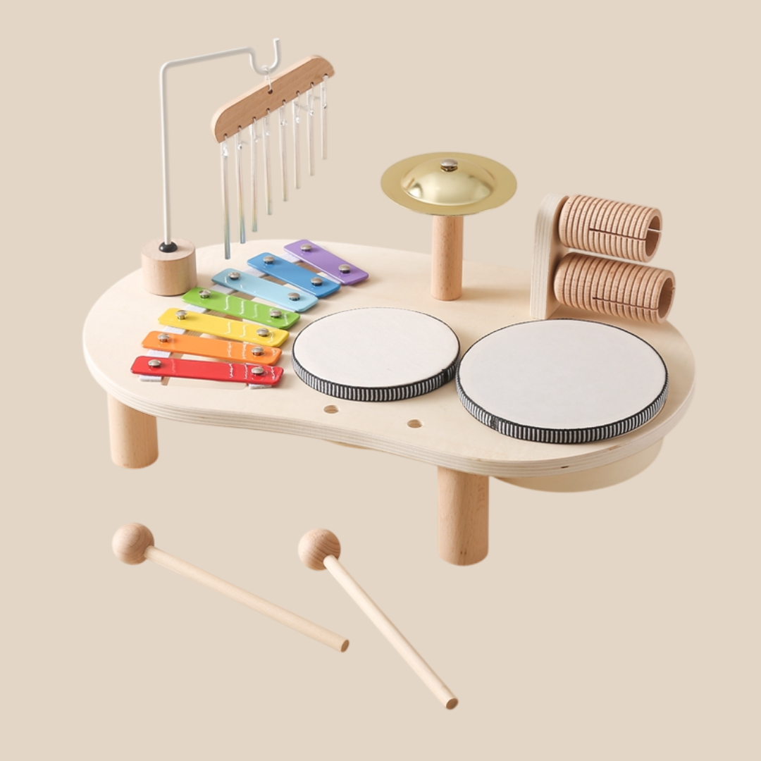 Wooden Music Table – two drums, xylophone, chimes and cymbal