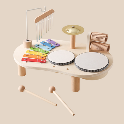 Wooden Music Table – two drums, xylophone, chimes and cymbal