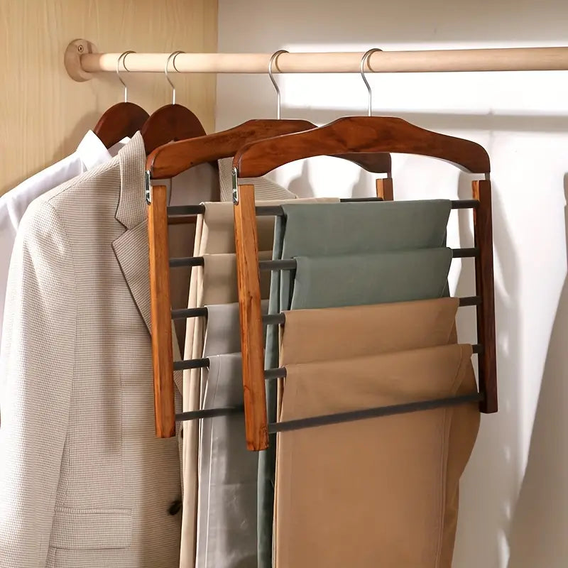 Wooden Pants Hanger – multi-bar, hinged frame, chrome hook