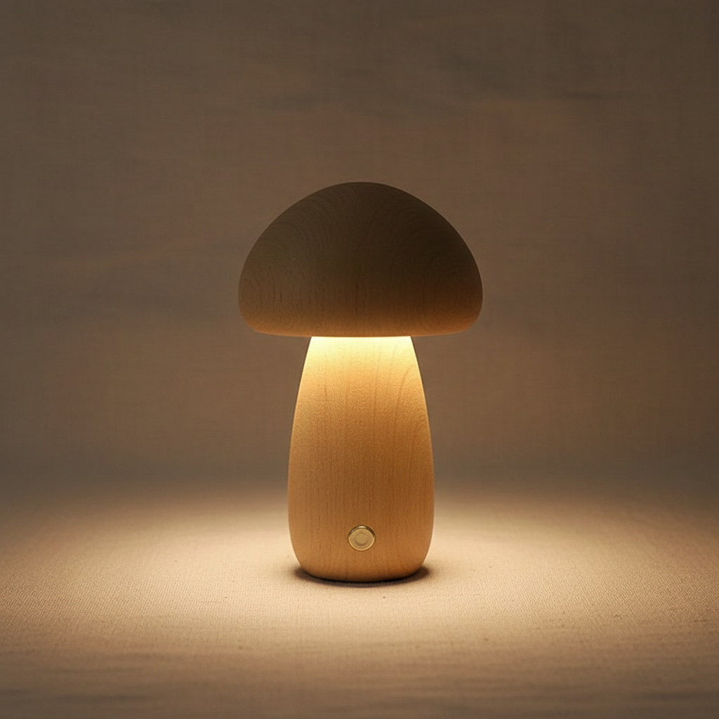 Wooden Mushroom Night Light – solid timber, touch dimmable, USB rechargeable