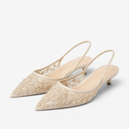 Slingback Kitten Heels – floral embroidery, sheer mesh, pointed toe