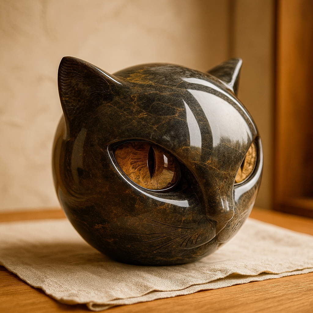 Cat Head Sculpture – marbled finish, coloured eyes, shelf decor