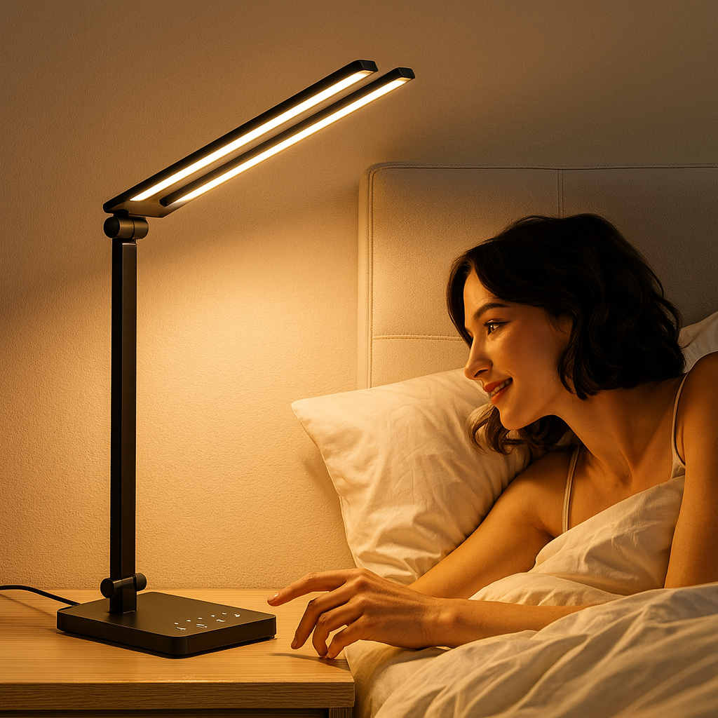LED Desk Lamp – foldable double arm, touch dimming, USB powered