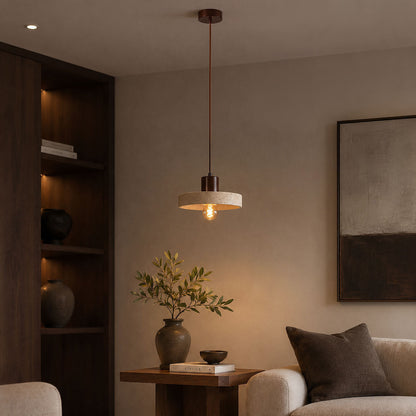 Travertine Pendant Light – natural stone shade, dark wood cap, adjustable cord
