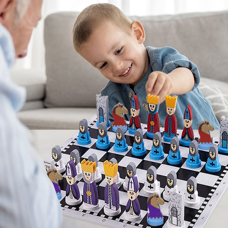 Kids Chess Set – character pieces, colour-coded board, two colourways