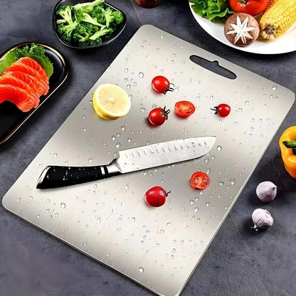 Stainless Steel Chopping Board – non-porous surface, hanging slot, knife friendly