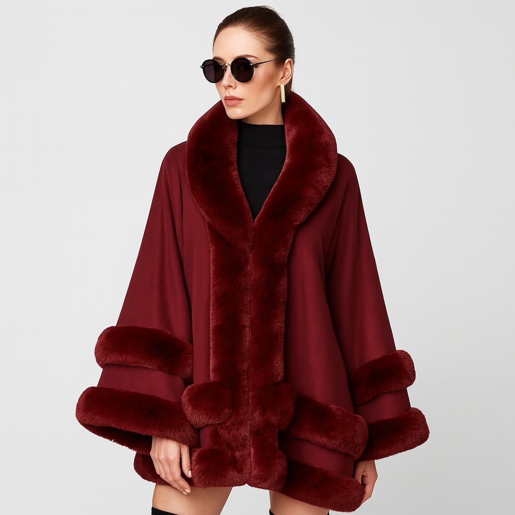 Faux Fur Trim Poncho – hooded cape coat, open front, one size