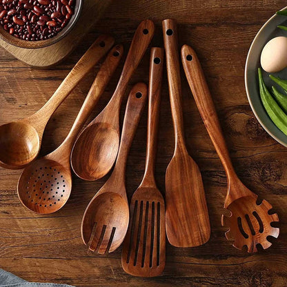 Teak Wooden Utensils – seven pieces, spoons, spatulas and pasta server