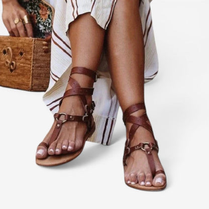 Womens Flat Sandals – toe loop, wrap ankle strap, ring and buckle detail