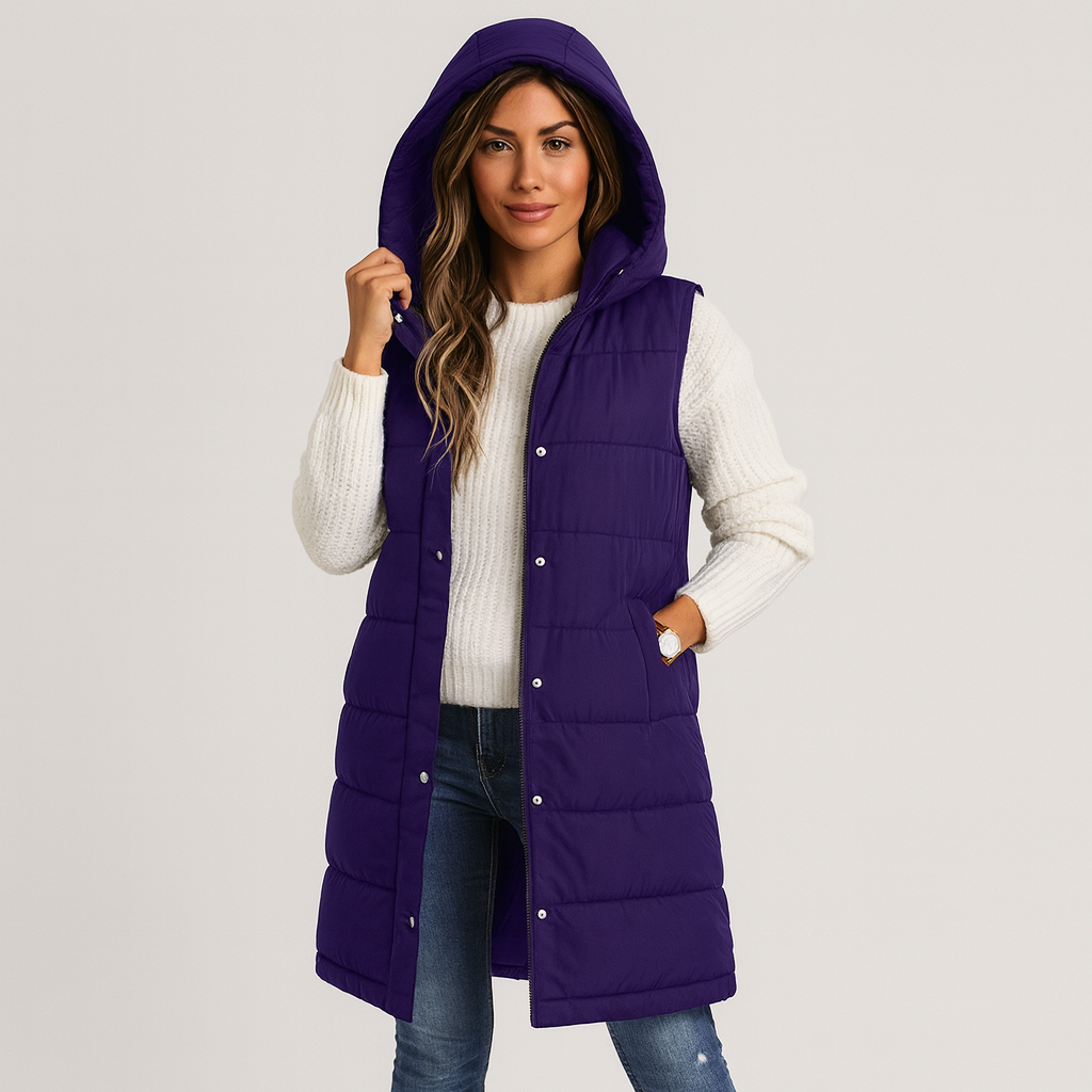 Women's Long Puffer Vest – hooded, quilted, button front