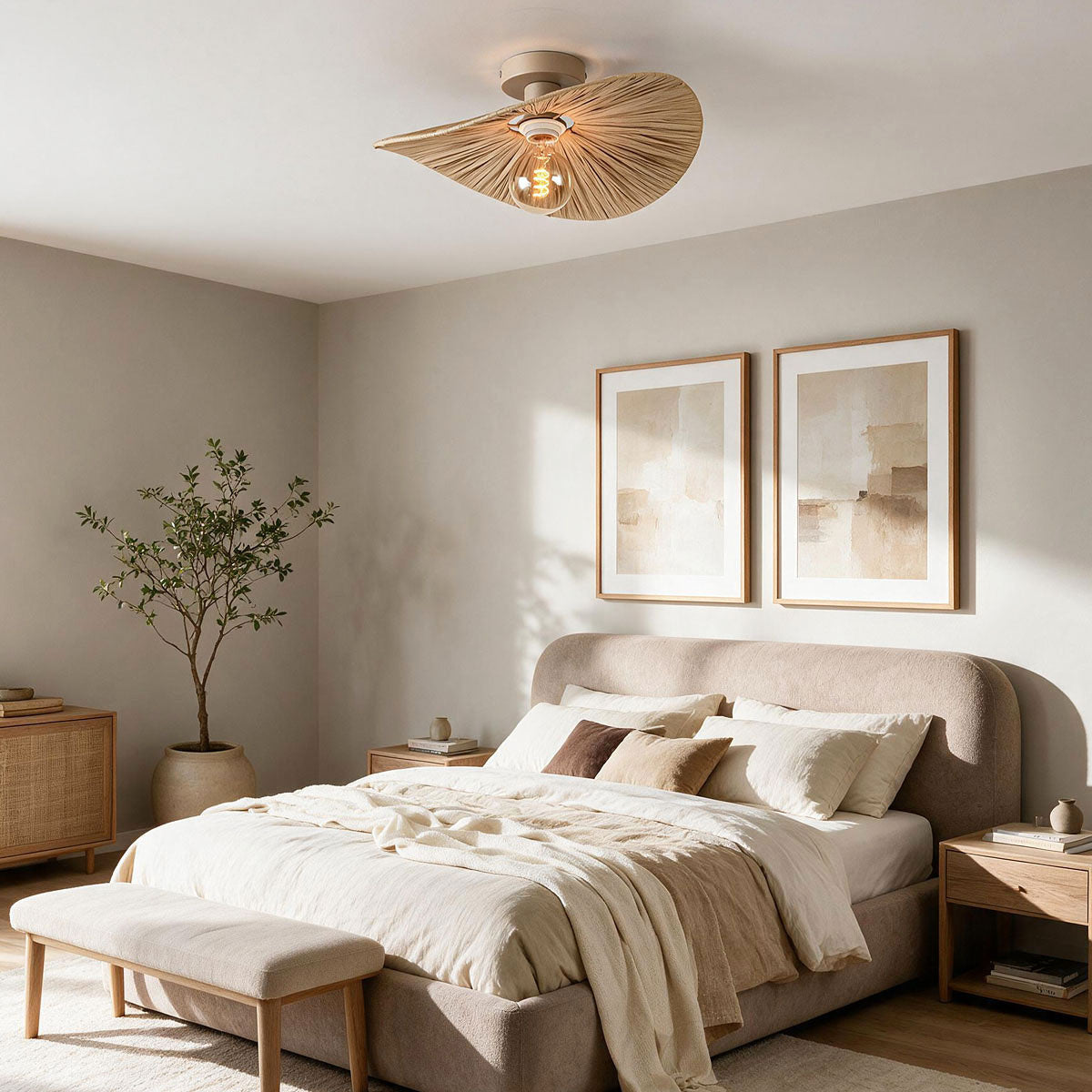 Raffia Ceiling Light – hand-woven paper shade, wavy brim, flush mount