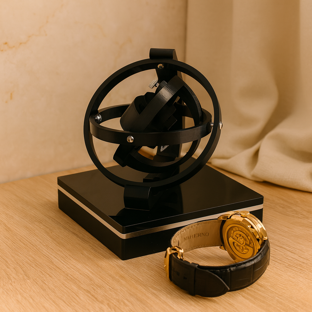 Watch Winder – rotating gyroscope frame, single watch, gloss black base
