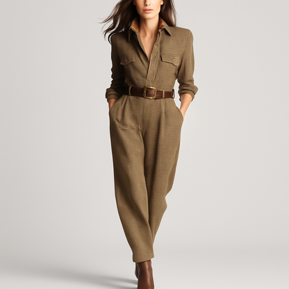 Check Utility Jumpsuit – tweed texture, belted waist, wide legs