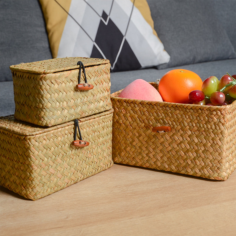 Storage Basket with Lid – woven seagrass, fitted lid, three sizes