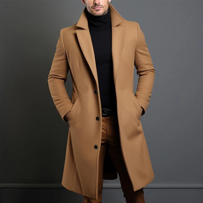 Men's Wool Overcoat – single-breasted, notch lapels, longline cut