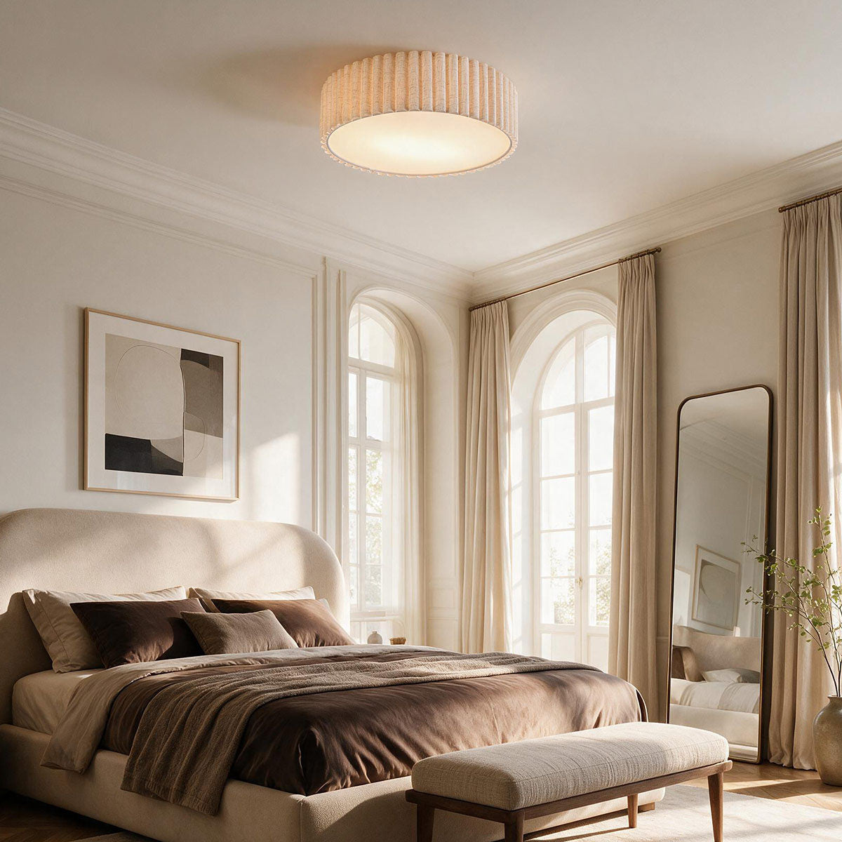 Fluted Linen Ceiling Light – ribbed fabric shade, diffuser, two bulbs