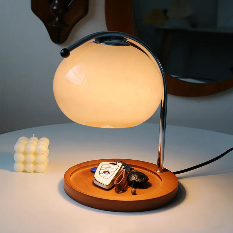 Candle Warmer Lamp – glass dome shade, chrome arm, wooden base