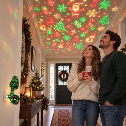 Christmas Projector Light – USB plug-in with six festive motifs in red, green and gold