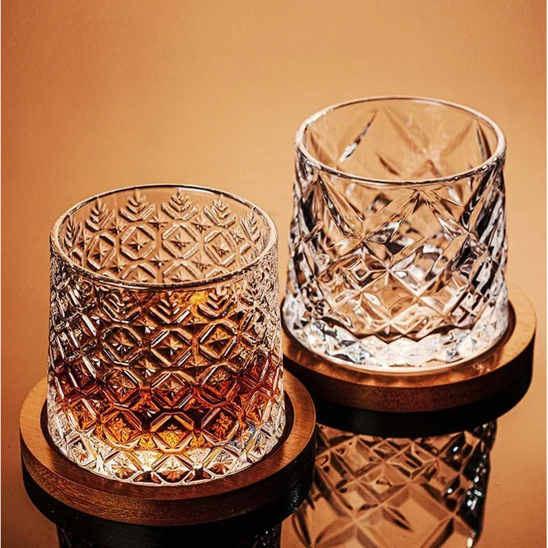 Rotating Whisky Glass – spinning rounded base, cut-glass pattern, four styles