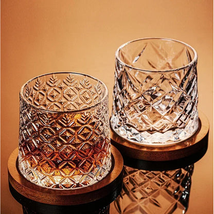 Rotating Whisky Glass – spinning rounded base, cut-glass pattern, four styles