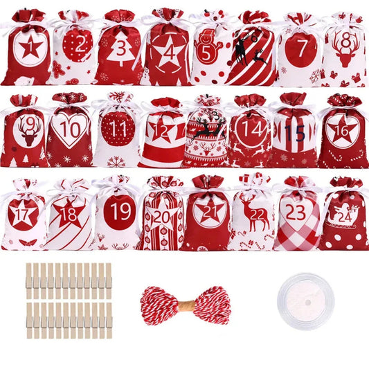 Fabric Advent Calendar – 24 numbered drawstring bags, reusable, cord and pegs included