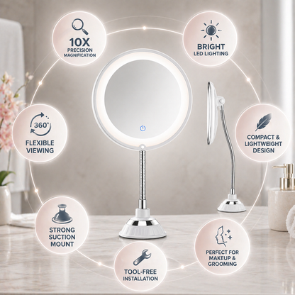 LED Magnifying Mirror – 10× magnification, flexible arm, suction mount
