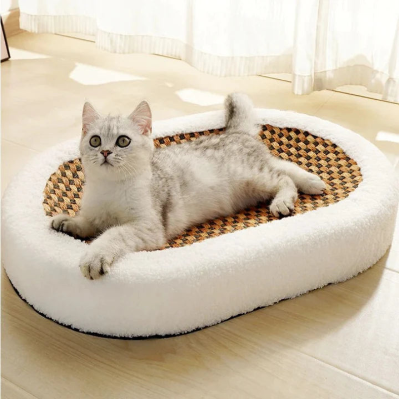 Cat Scratcher Bed – woven rattan base, fleece bolster, oval