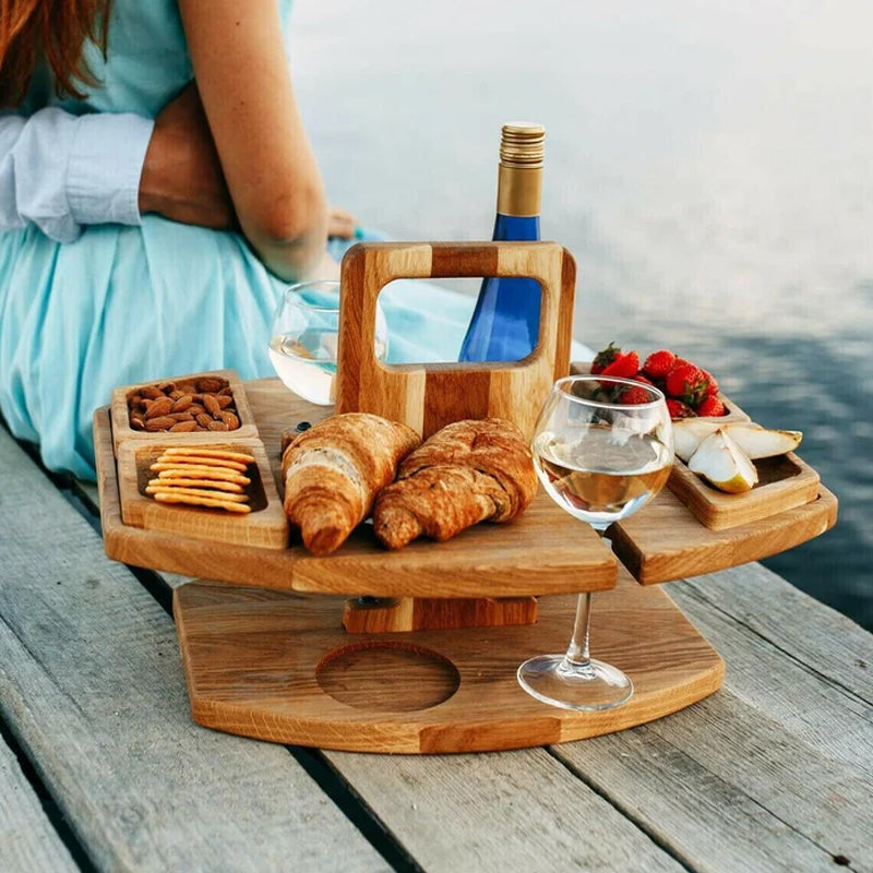Folding Picnic Table – wine bottle and glass holders, four snack trays, carry handle