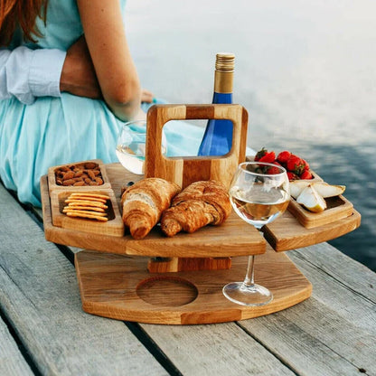 Folding Picnic Table – wine bottle and glass holders, four snack trays, carry handle