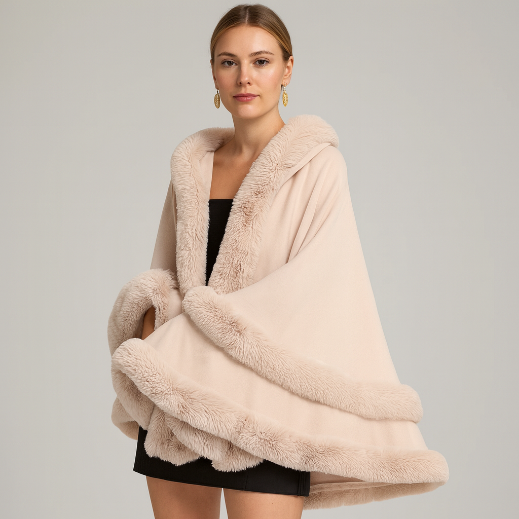 Faux Fur Trim Poncho – hooded cape coat, open front, one size