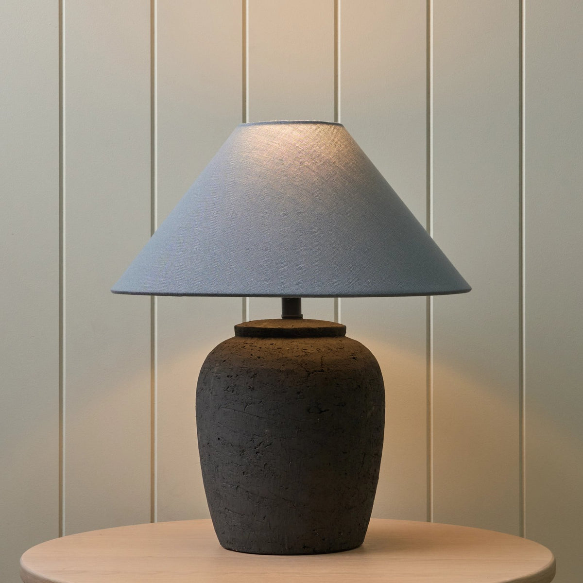 Storm Blue Ceramic Table Lamp – textured base, tonal fabric shade